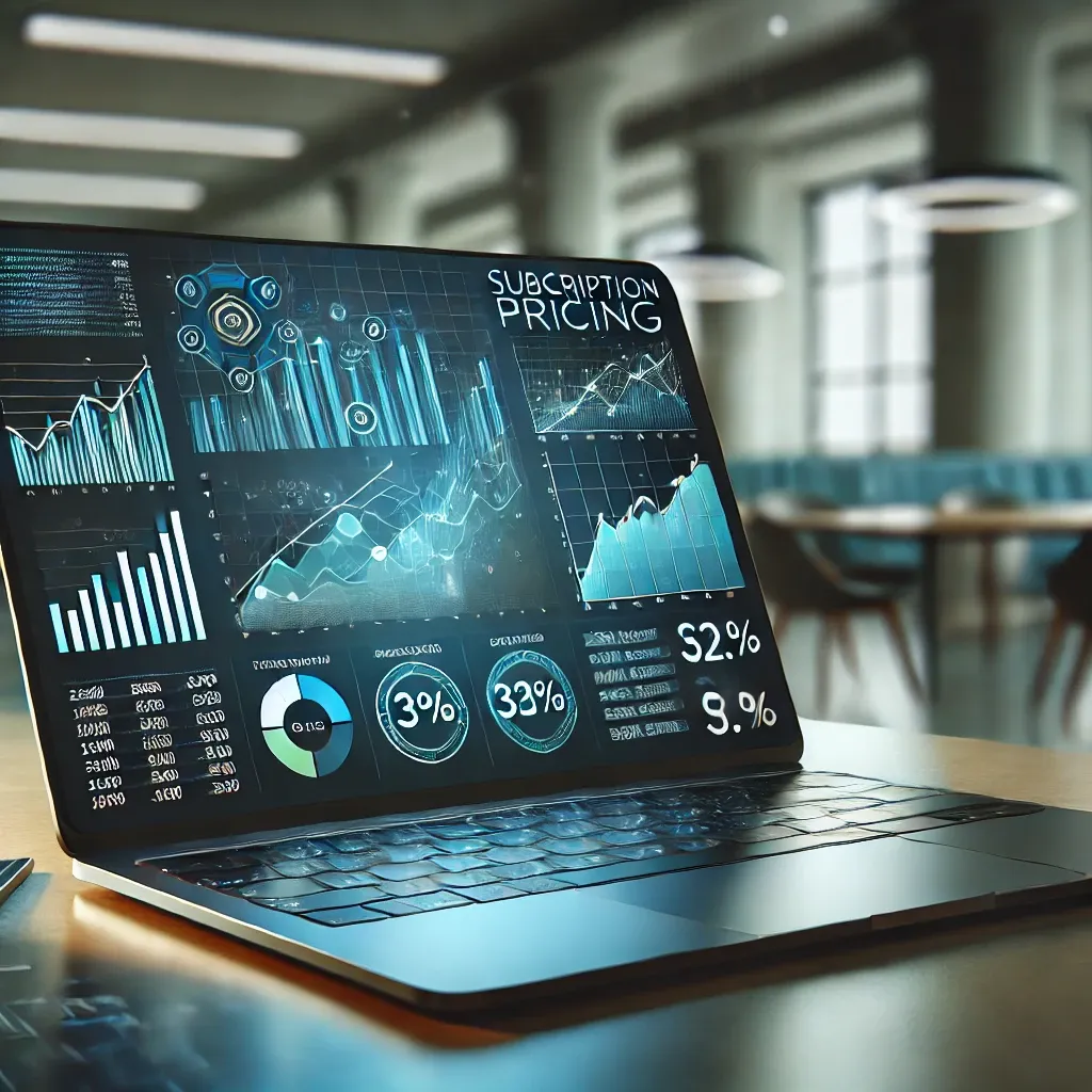 Laptop with pricing models and charts, representing subscription pricing strategies.