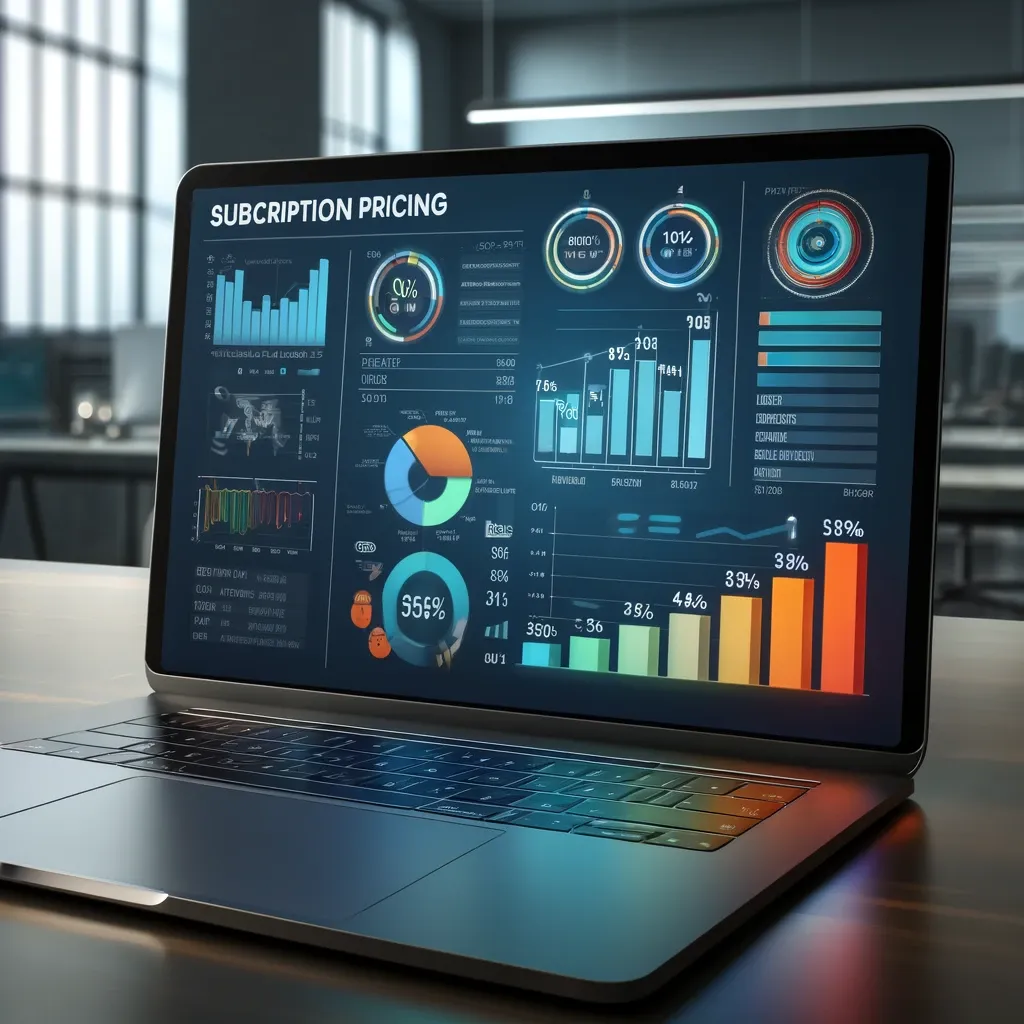 Laptop with various pricing models displayed on the screen, symbolizing strategies for subscription pricing.