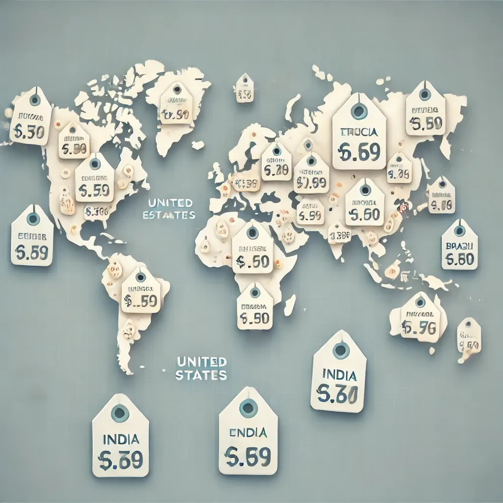 World map showing different price tags in various regions.